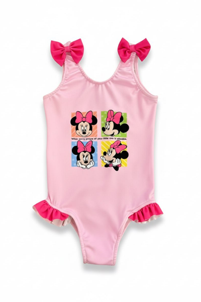 Kız Çocuk Pamuklu Fiyonk Detaylı Minnie Mouse Askılı Mayo