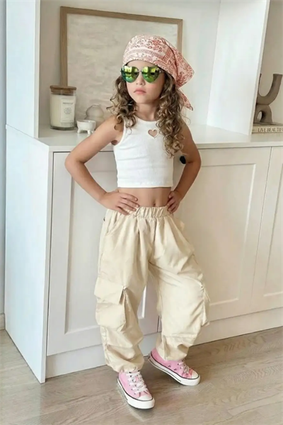 Kız Çocuk Paraşüt Kumaş Crop Takım Krem
