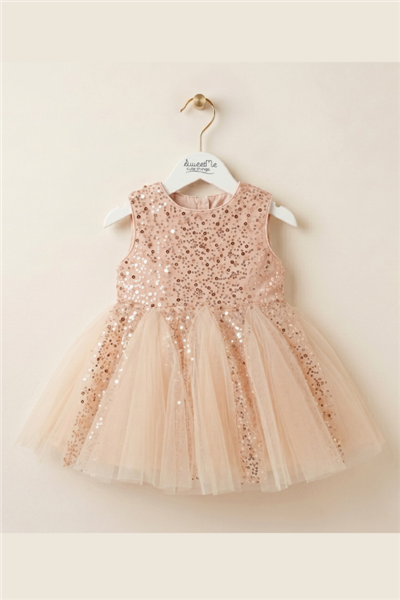 SweetMe Kız Çocuk Payet İşleme ve Tül Detaylı Prenses Elbise Bronz