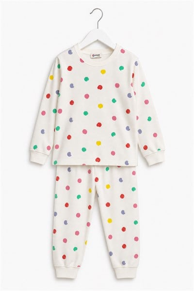 Kız Çocuk Pijama Takımı Renkli Puantiyeli Ekru