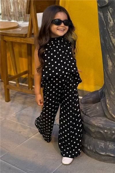 Kız Çocuk Puantiyeli Bluz ve Pantolon Takım Siyah