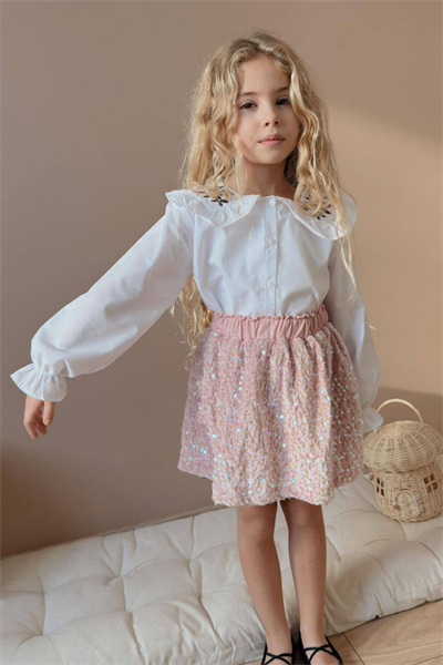 Kız Çocuk Pullu Etek - Gömlek Takım (Beyaz-Pembe)