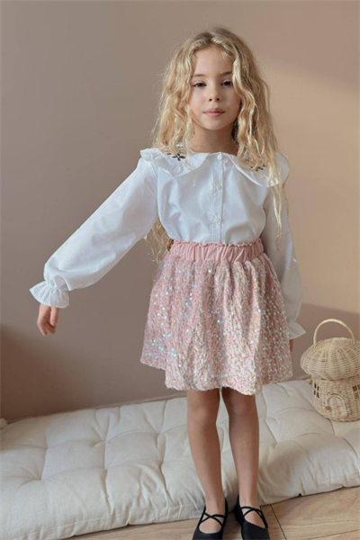 Kız Çocuk Pullu Etek - Gömlek Takım (Beyaz-Pembe)