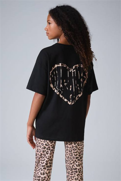 Kız Çocuk Kalp Baskılı Tişört Siyah