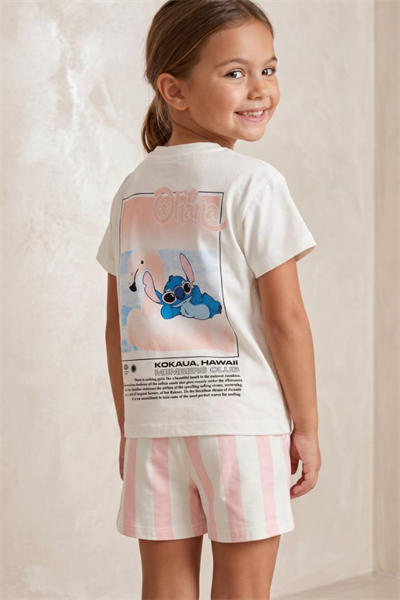 Kız Çocuk Stitch Baskılı Tişört ve Şort Takım