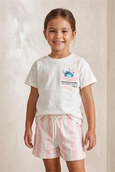 Kız Çocuk Stitch Baskılı Tişört ve Şort Takım