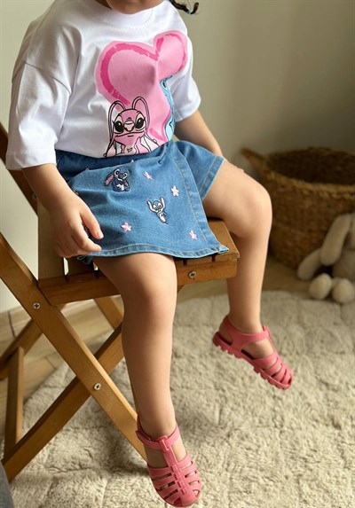 Kız Çocuk Stitch Baskılı Tişört ve Şort Etek Takım Beyaz