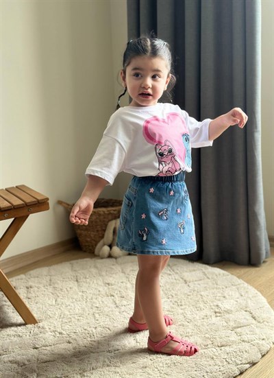 Kız Çocuk Stitch Baskılı Tişört ve Şort Etek Takım Beyaz