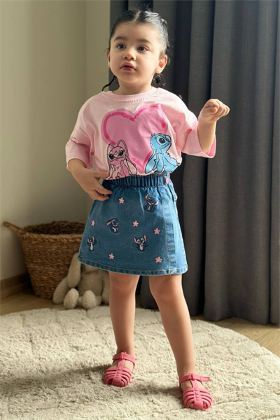Kız Çocuk Stitch Baskılı Tişört ve Şort Etek Takım Pembe