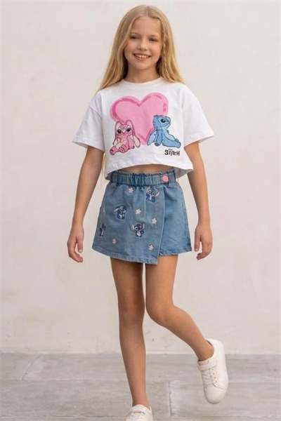 Kız Çocuk Stitch Baskılı Tişört ve Şort Etek Takım Beyaz