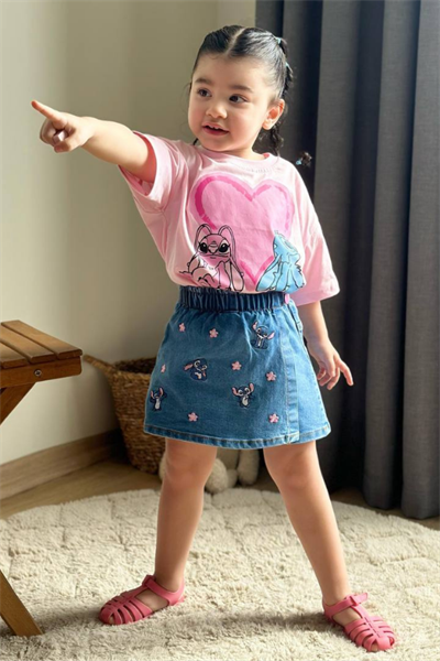 Kız Çocuk Stitch Baskılı Tişört ve Şort Etek Takım Pembe