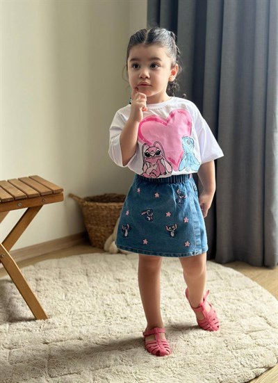 Kız Çocuk Stitch Baskılı Tişört ve Şort Etek Takım Beyaz