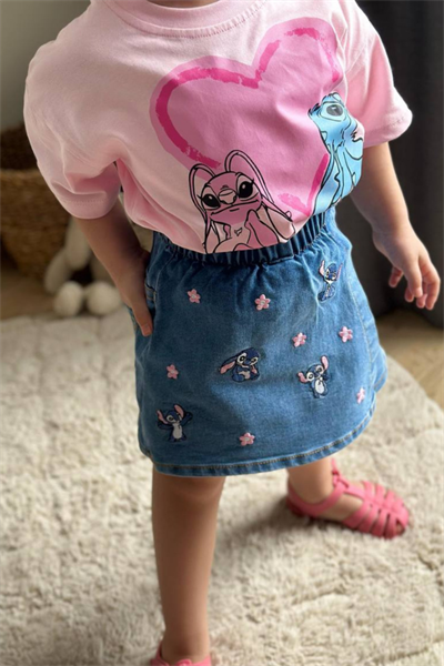 Kız Çocuk Stitch Baskılı Tişört ve Şort Etek Takım Pembe