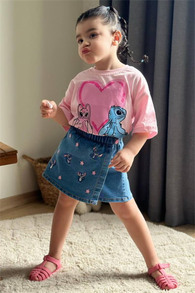 Kız Çocuk Stitch Baskılı Tişört ve Şort Etek Takım Pembe