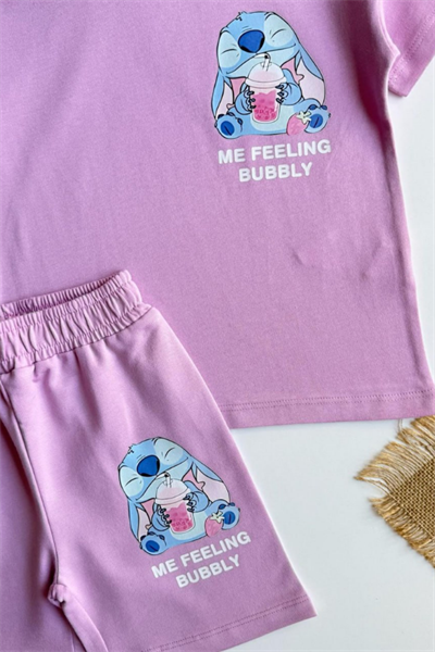 Kız Çocuk Stitch Baskılı Yazlık Tişört ve Şort Takım Lila
