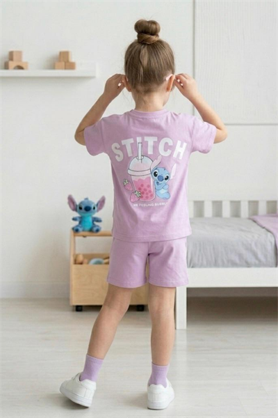 Kız Çocuk Stitch Baskılı Yazlık Tişört ve Şort Takım Lila