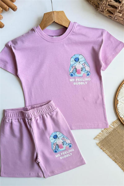 Kız Çocuk Stitch Baskılı Yazlık Tişört ve Şort Takım Lila