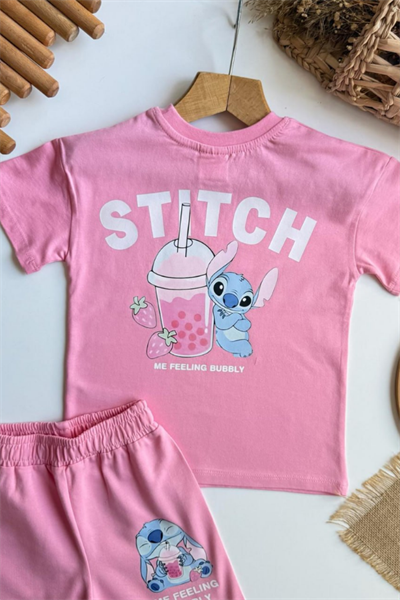 Kız Çocuk Stitch Baskılı Yazlık Tişört ve Şort Takım