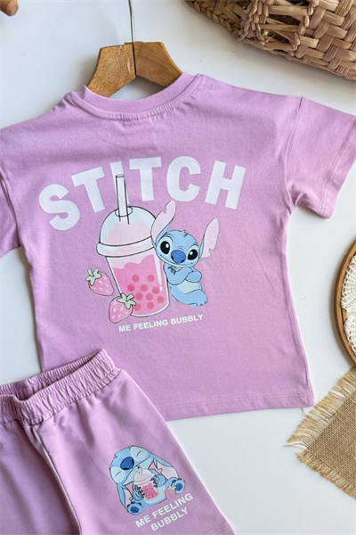 Kız Çocuk Stitch Baskılı Yazlık Tişört ve Şort Takım Lila