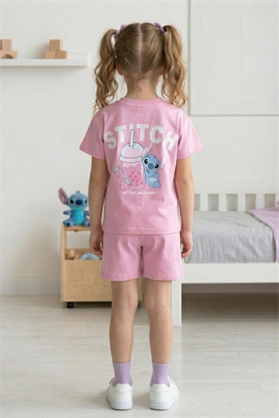 Kız Çocuk Stitch Baskılı Yazlık Tişört ve Şort Takım