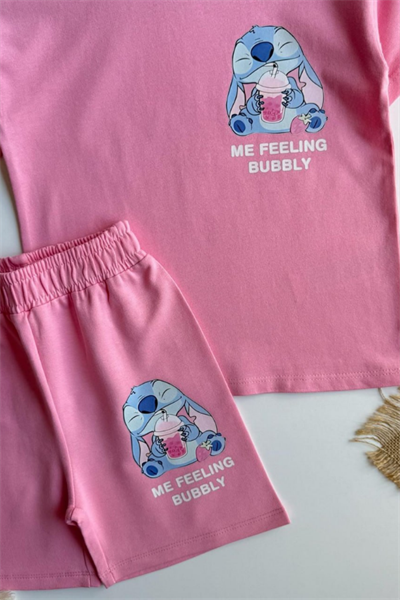 Kız Çocuk Stitch Baskılı Yazlık Tişört ve Şort Takım