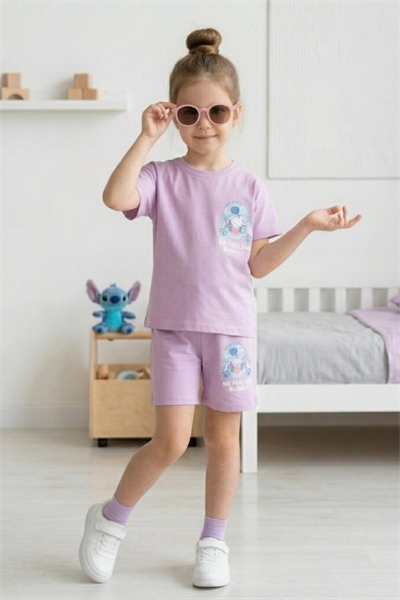 Kız Çocuk Stitch Baskılı Yazlık Tişört ve Şort Takım Lila