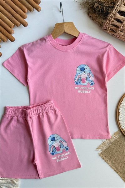 Kız Çocuk Stitch Baskılı Yazlık Tişört ve Şort Takım
