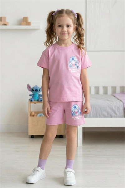 Kız Çocuk Stitch Baskılı Yazlık Tişört ve Şort Takım