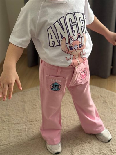 Kız Çocuk Stitch Nakışlı Tshirt Pantolon Takım - Pembe