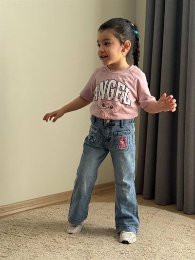 Kız Çocuk Stitch Nakışlı Tshirt Pantolon Takım - Mavi