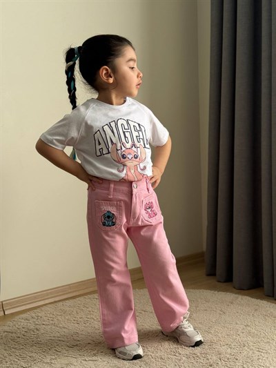 Kız Çocuk Stitch Nakışlı Tshirt Pantolon Takım - Pembe