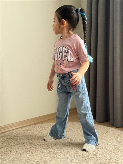 Kız Çocuk Stitch Nakışlı Tshirt Pantolon Takım - Mavi