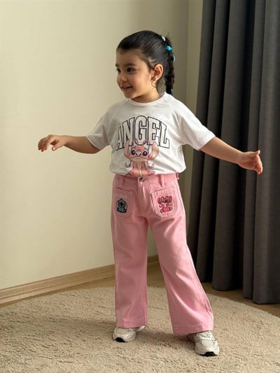 Kız Çocuk Stitch Nakışlı Tshirt Pantolon Takım - Pembe