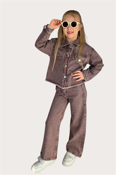 Kız Çocuk Taşlı Jean Pantolon - Ceket Takım (Kahverengi)