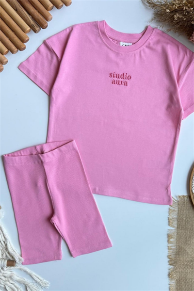 Kız Çocuk Yazı Nakışlı Tişört ve Kısa Fitilli Tayt Takım Pembe
