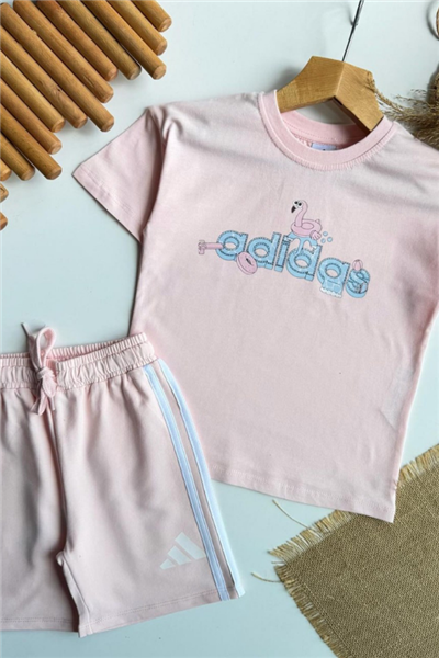 Kız Çocuk Yazlık Logo Baskılı Tişört ve Şort Takım Pembe