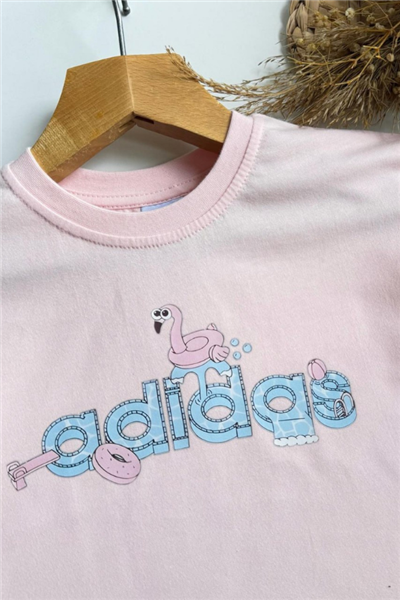 Kız Çocuk Yazlık Logo Baskılı Tişört ve Şort Takım Pembe