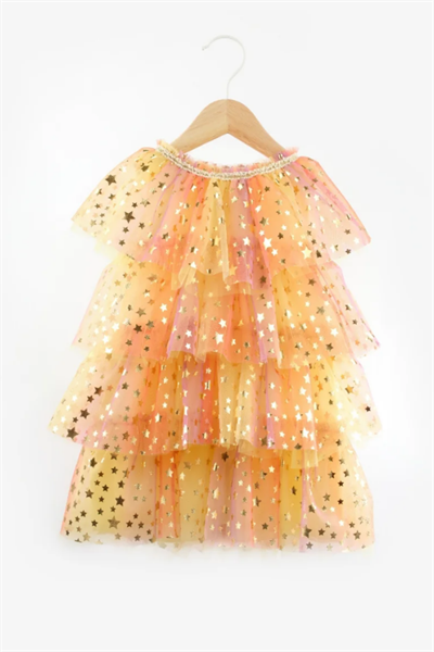Kız Çocuk Yıldız Baskılı Katlı Tül Elbise Estela Sarı