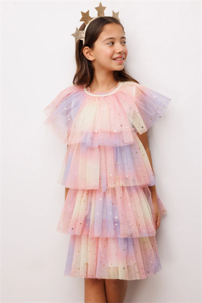 Kız Çocuk Yıldız Baskılı Katlı Tül Elbise Estela