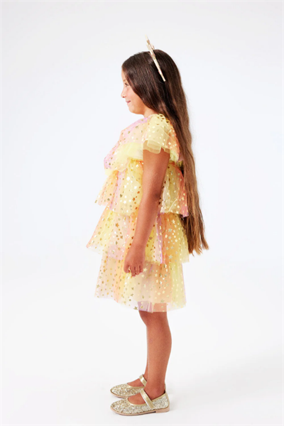 Kız Çocuk Yıldız Baskılı Katlı Tül Elbise Estela Sarı