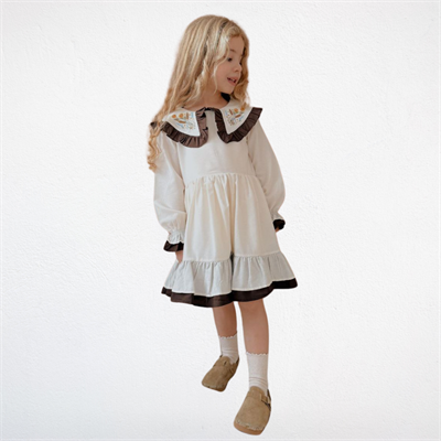 Krem Renk Çiçek Nakışlı Kız Çocuk Elbisesi