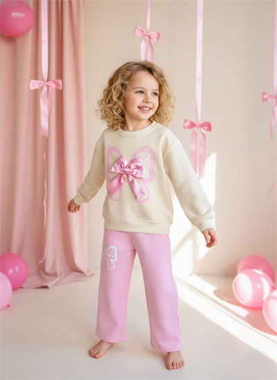 Kurdele Aplikeli Pembe Kız Çocuk Takımı – Sweatshirt & Boru Paça Alt, 2–8 Yaş