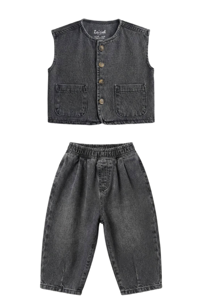 Çocuk Denim Yelek ve Balon Pantolon Antrasit