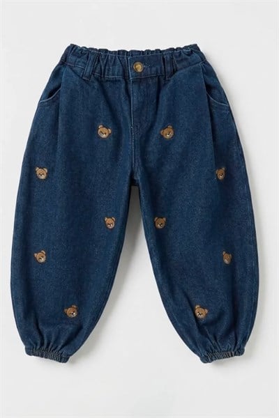 La Ciel Paris Kız Çocuk Ayı Nakışlı Balon Denim Pantolon