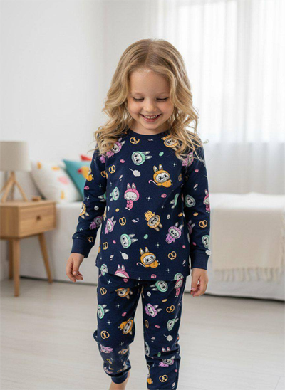 Labubu Temalı Lacivert Pijama Takımı – Kız Çocuk, 2–8 Yaş