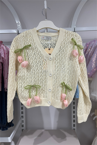 Kız Çocuk Lale Aplike Hırka ve Etek Takım Pembe | Noblekids