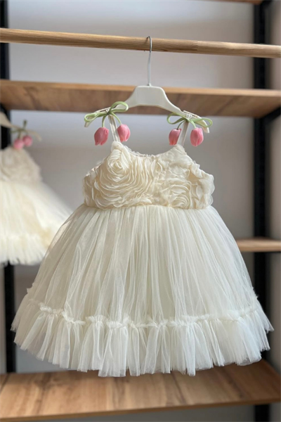 Kız Çocuk Lale Aplikeli Tül Elbise | Noblekids