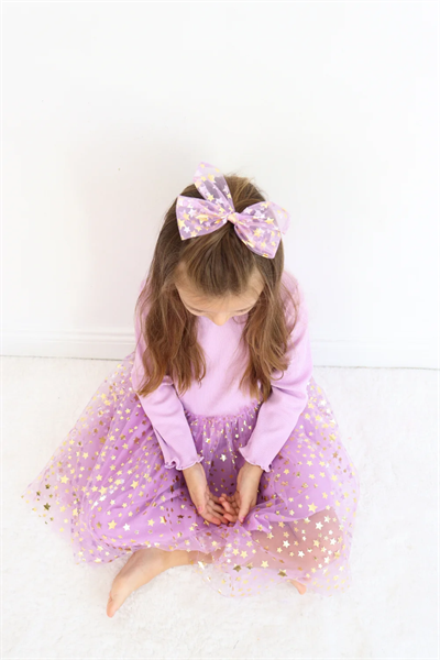 Lila Üzeri Gold Yıldızlı Tül Kız Çocuk Klips Toka