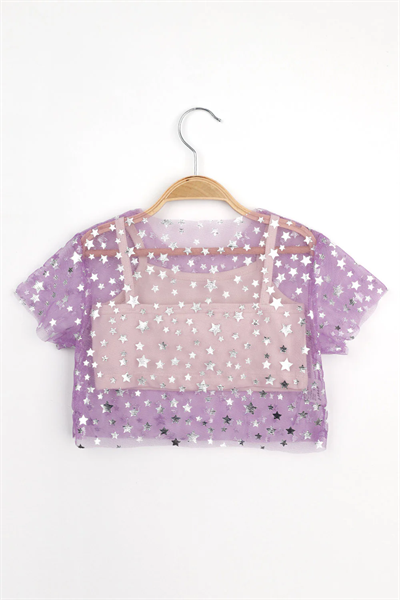 Lila Yıldız Baskılı Kız Çocuk Tül Crop