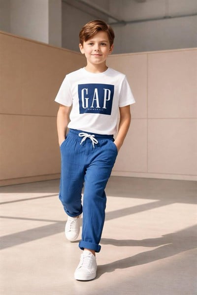 Logo Baskılı Çocuk Müslin Alt Üst Takım (Mavi)